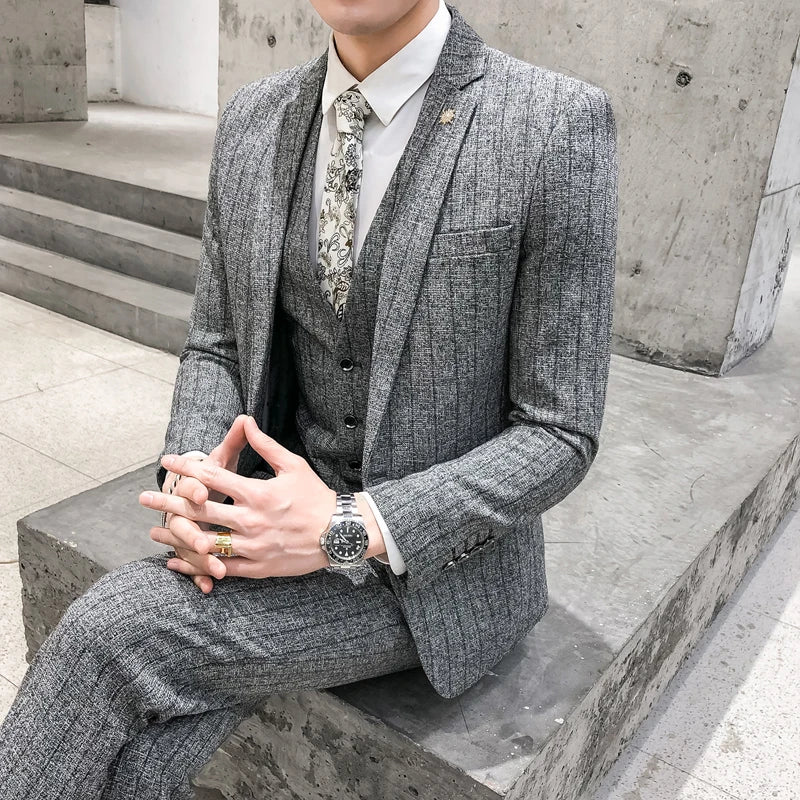 Striped 3-Piece Men's Suit, Slim Fit, Casual Wedding Tuxedo