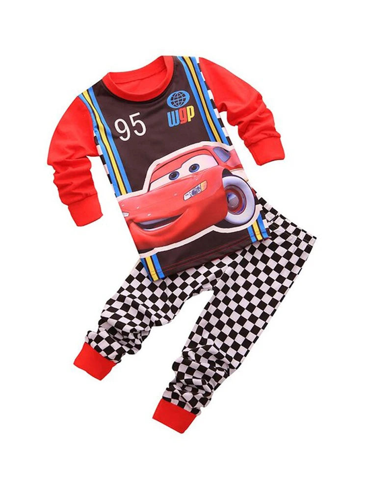 Kids Lightning McQueen Pajama Set, Cotton Long Sleeve T-Shirt & Pants, Cartoon Car Sleepwear