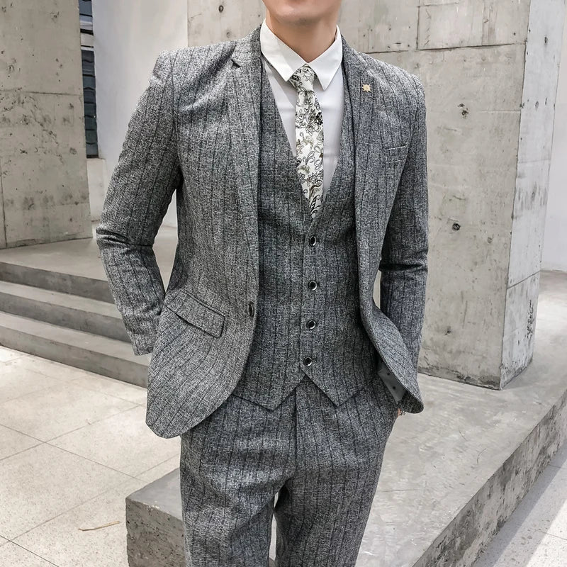 Striped 3-Piece Men's Suit, Slim Fit, Casual Wedding Tuxedo