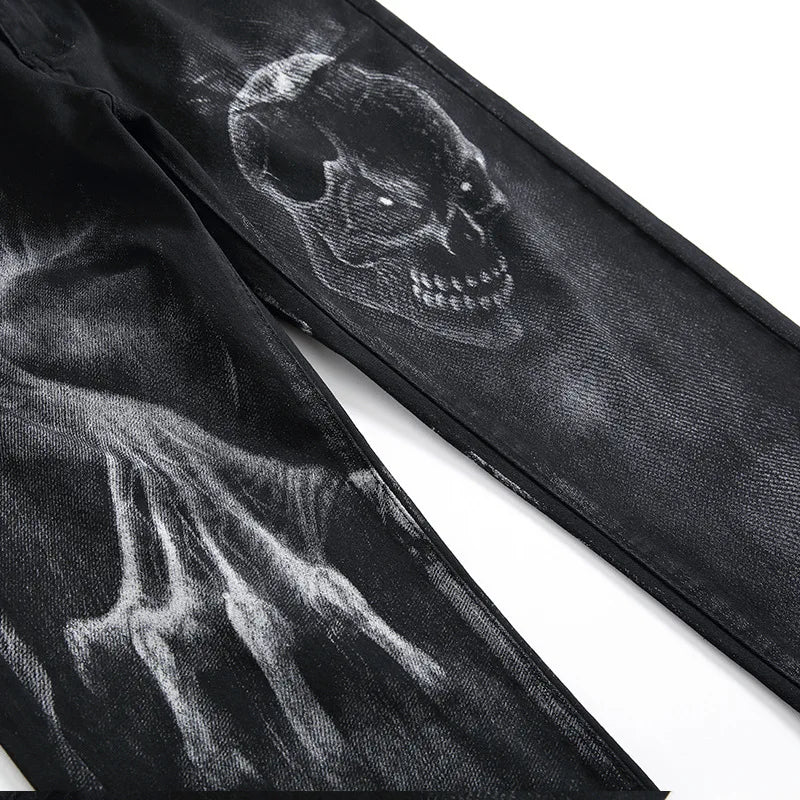 Dark Skull Print Slim Jeans Vintage Punk Denim for Teens