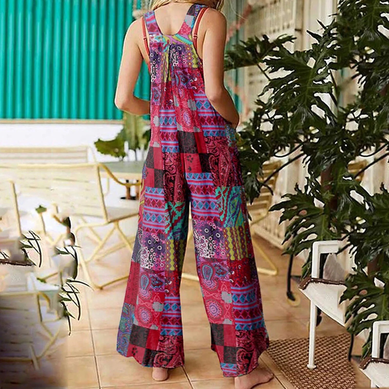 Women’s Suspender Jumpsuit, 90s Retro Wide Leg Romper with Pockets