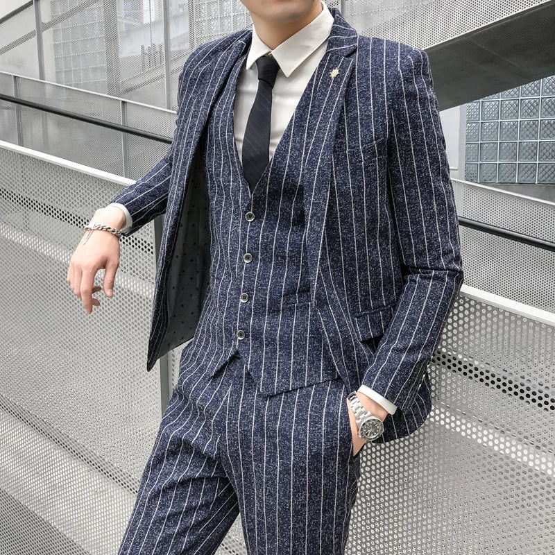 Striped 3-Piece Men's Suit, Slim Fit, Casual Wedding Tuxedo