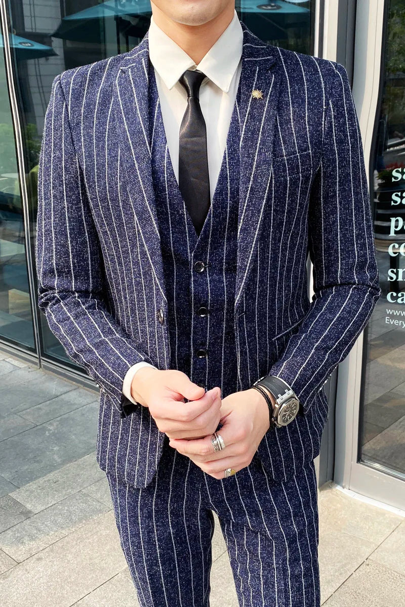 Striped 3-Piece Men's Suit, Slim Fit, Casual Wedding Tuxedo