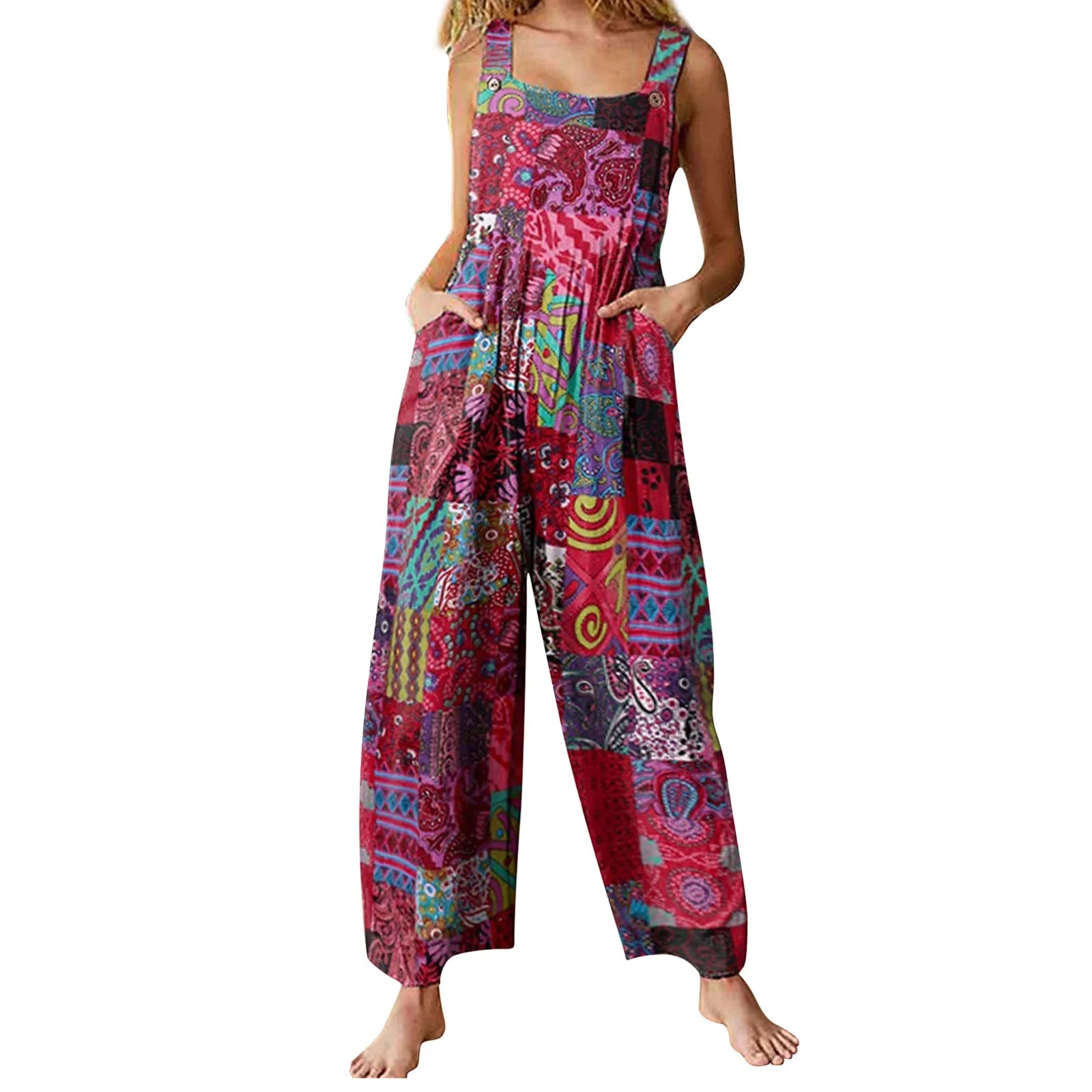 Women’s Suspender Jumpsuit, 90s Retro Wide Leg Romper with Pockets