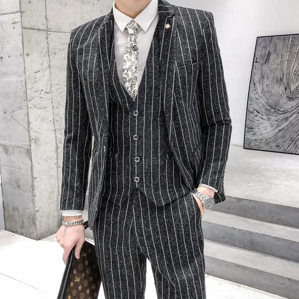 Striped 3-Piece Men's Suit, Slim Fit, Casual Wedding Tuxedo