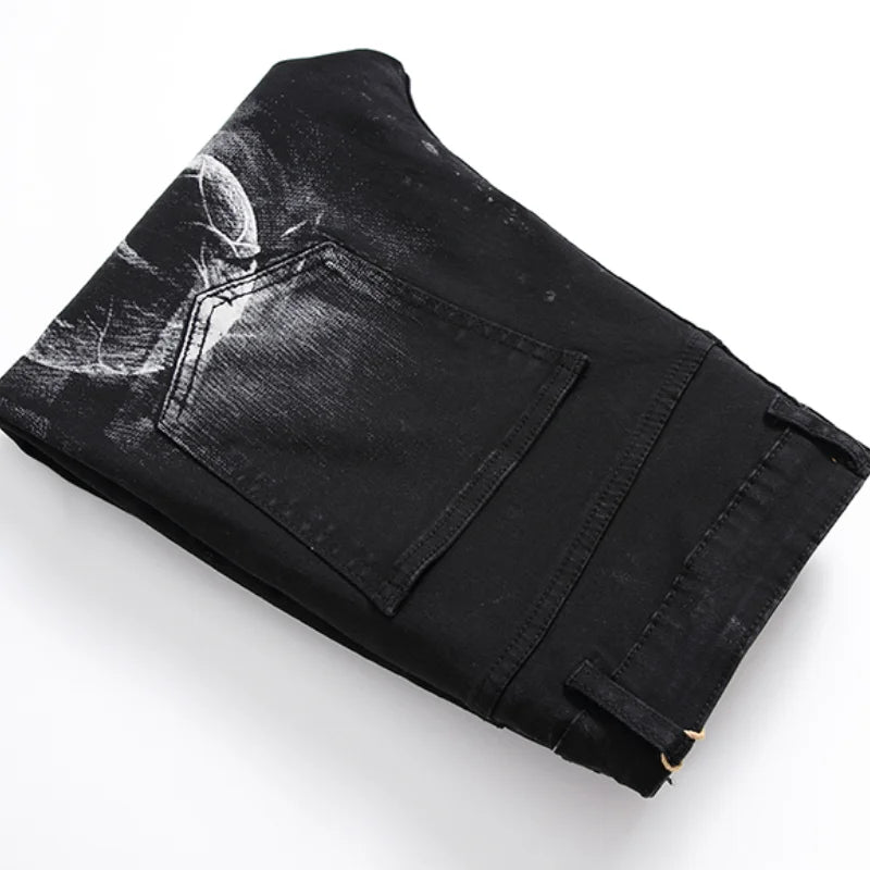 Dark Skull Print Slim Jeans Vintage Punk Denim for Teens