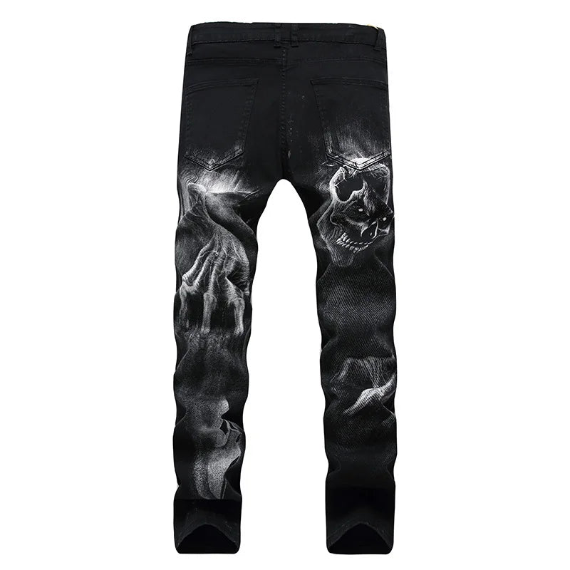 Dark Skull Print Slim Jeans Vintage Punk Denim for Teens