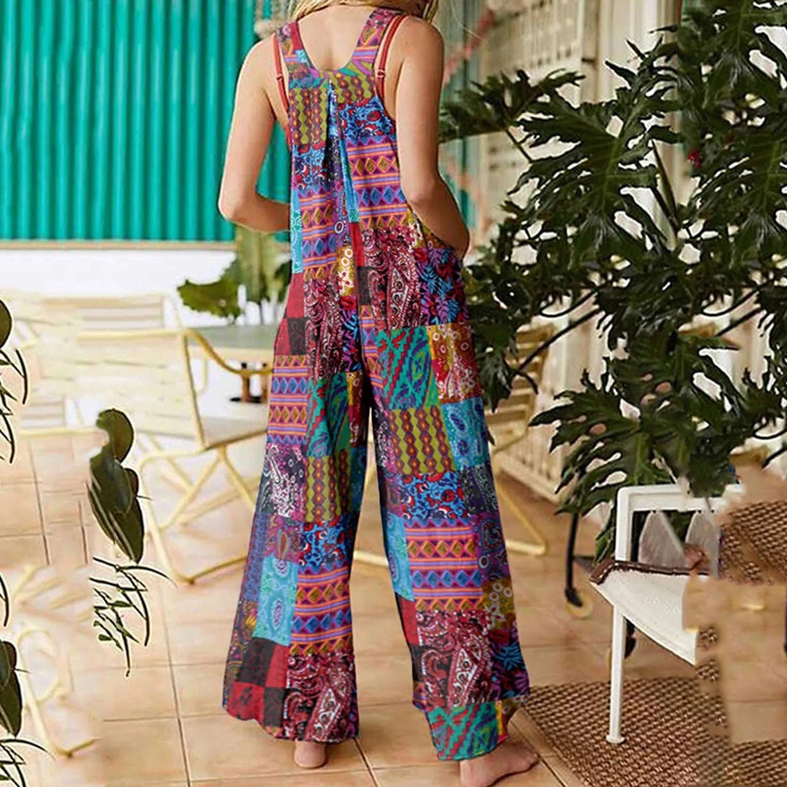 Women’s Suspender Jumpsuit, 90s Retro Wide Leg Romper with Pockets