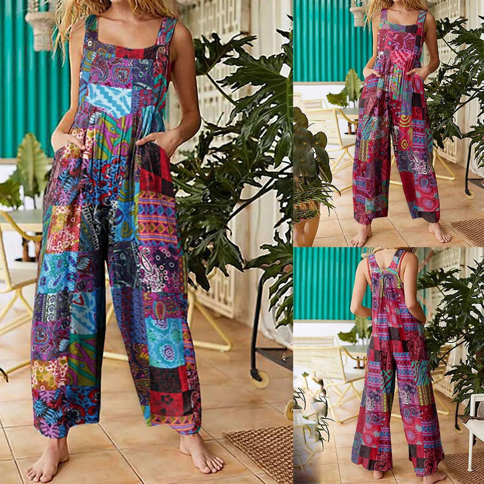 Women’s Suspender Jumpsuit, 90s Retro Wide Leg Romper with Pockets