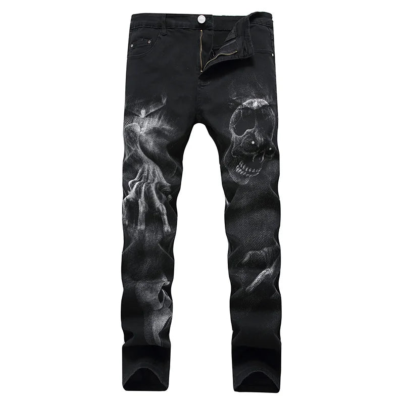 Dark Skull Print Slim Jeans Vintage Punk Denim for Teens