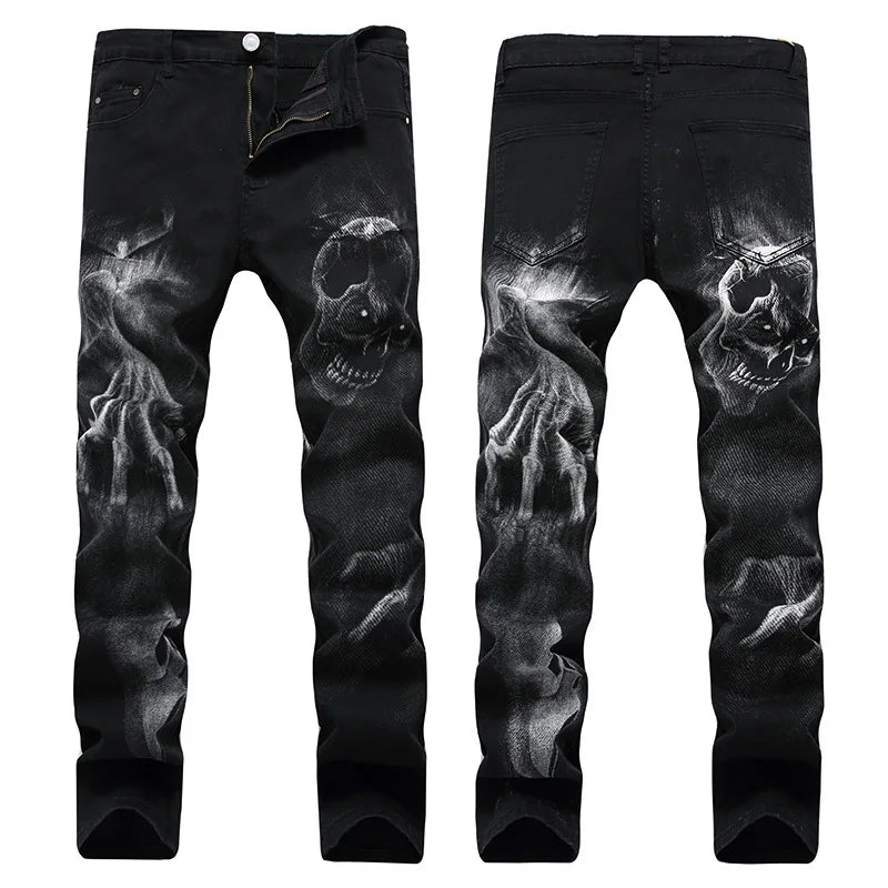 Dark Skull Print Slim Jeans Vintage Punk Denim for Teens