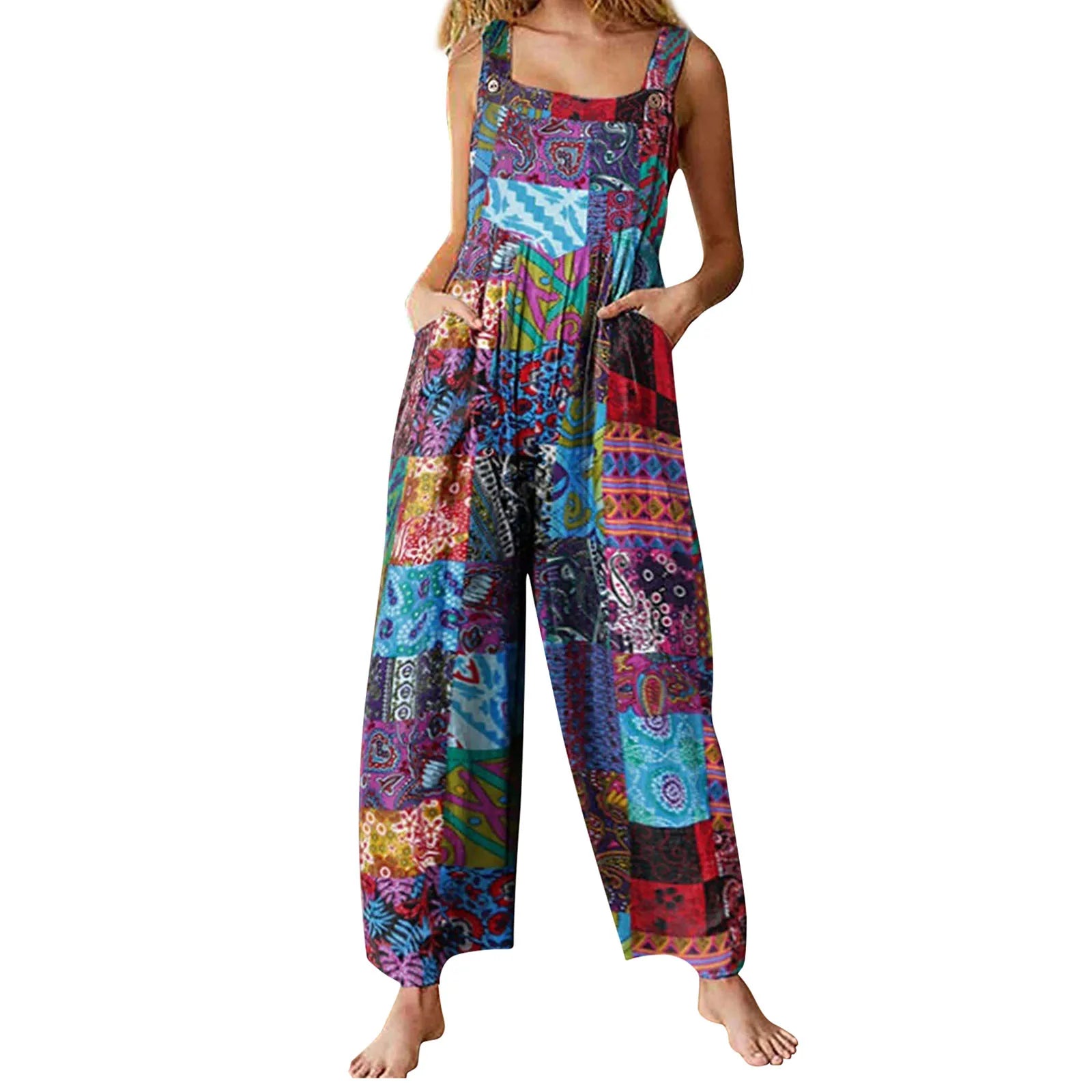 Women’s Suspender Jumpsuit, 90s Retro Wide Leg Romper with Pockets