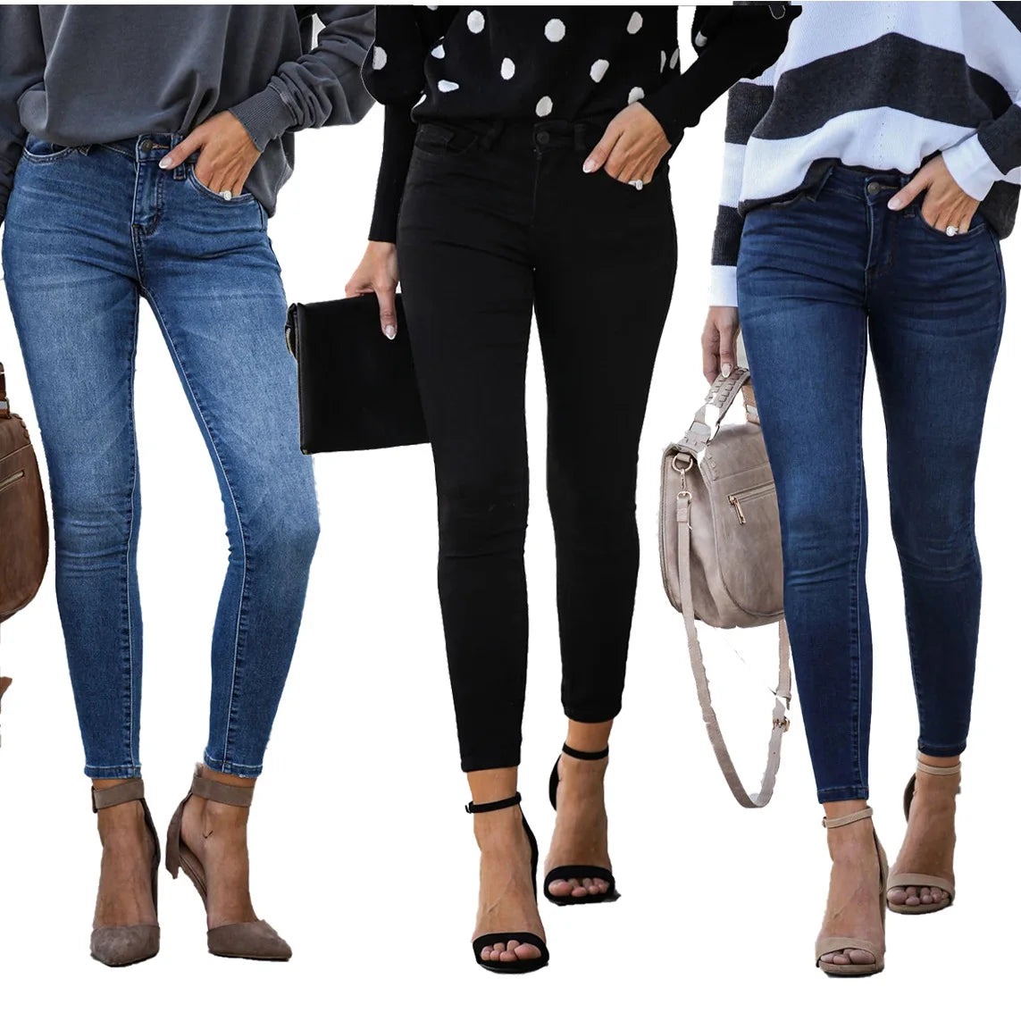 Women’s Black & Blue Skinny Jeans, Slim Elastic Denim, Ankle-Length Casual Pencil Pants