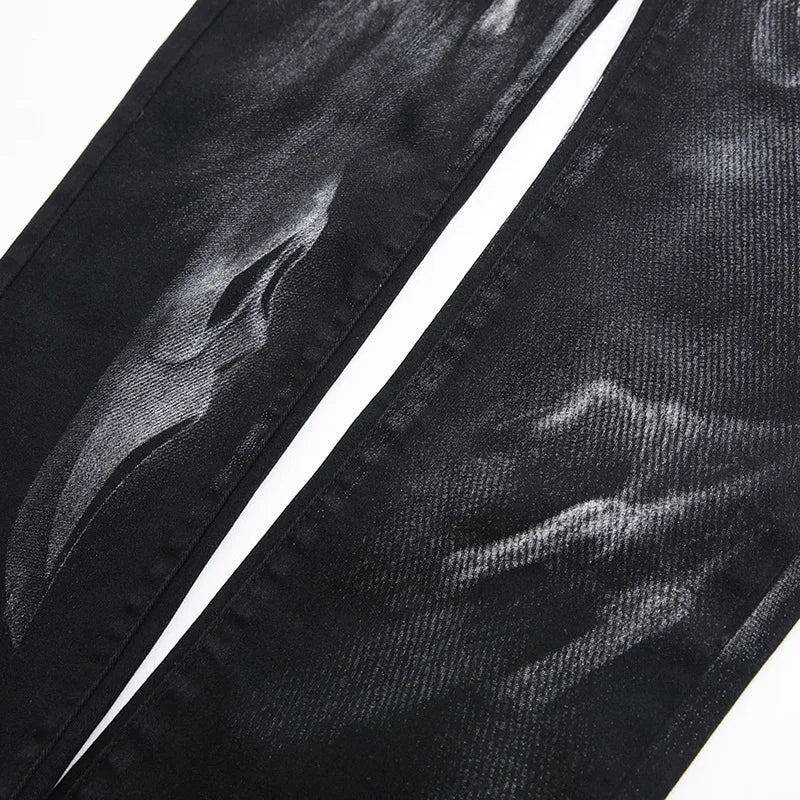 Dark Skull Print Slim Jeans Vintage Punk Denim for Teens