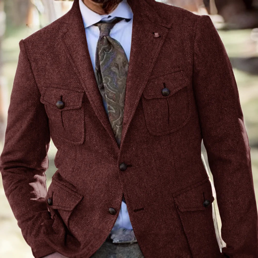 Men's Retro Herringbone Blazer Formal Wool Steampunk Jacket for Office Wear