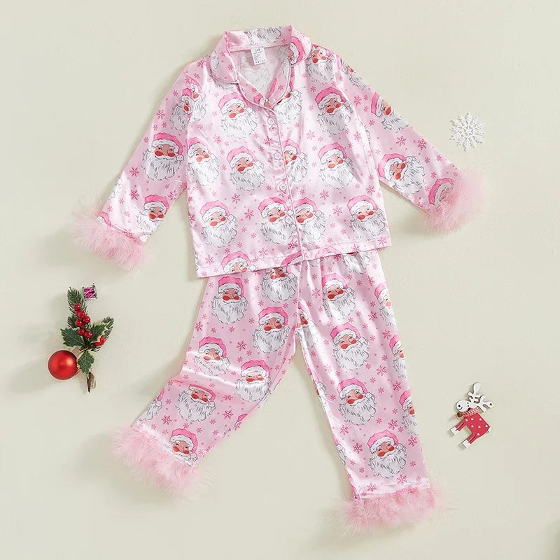 Kids Christmas Pajama Set, Feather Trim Long Sleeve Shirt & Pants (1-9Y)