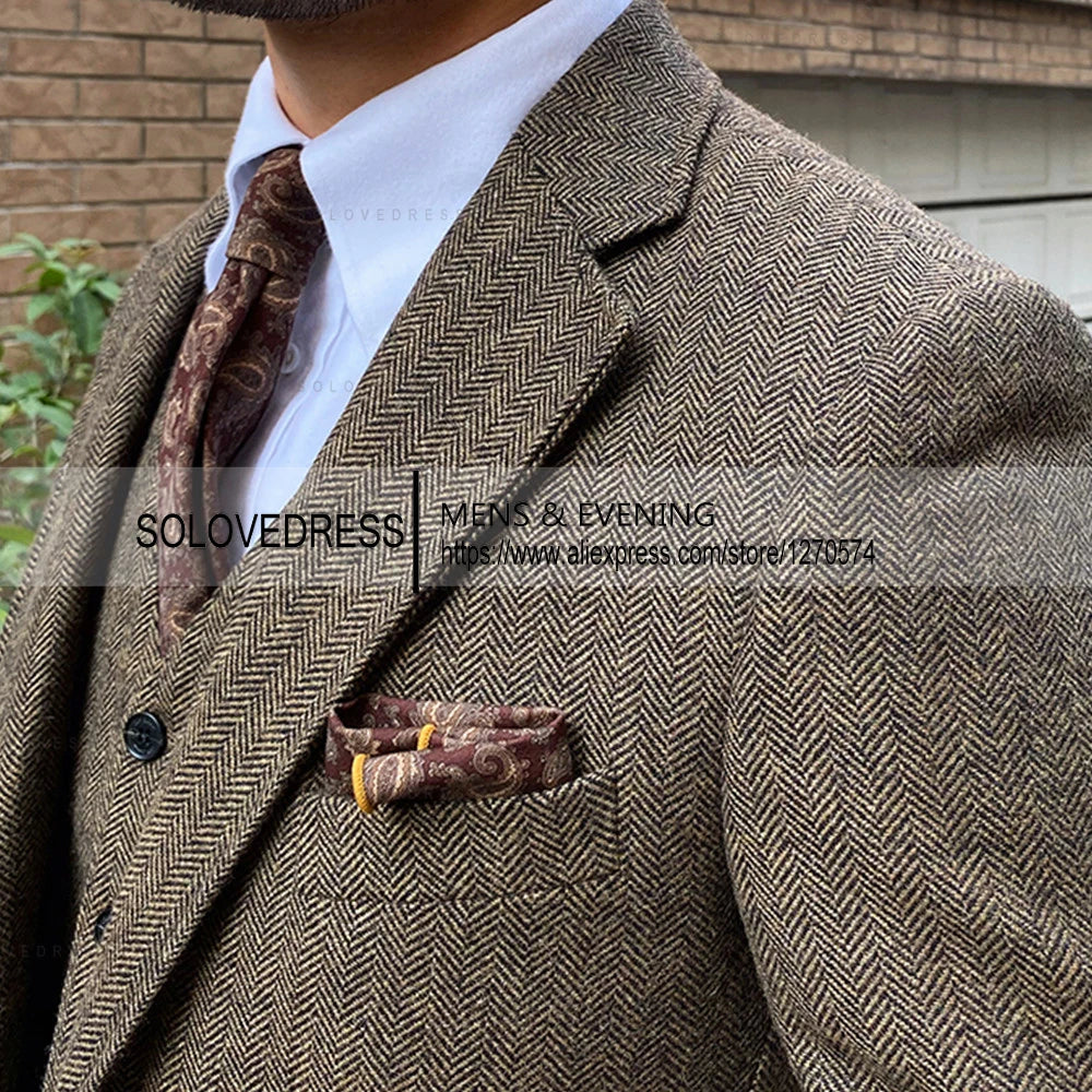 3-Piece Men's Tweed Suit | Slim Fit Herringbone Blazer, Vest & Pants Set