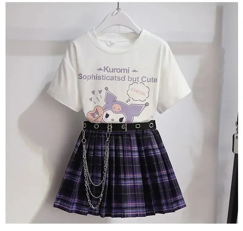 Kawaii Kuromi Skirt Suit, Sanrio Anime Preppy T-Shirt & Pleated Skirt, JK Uniform