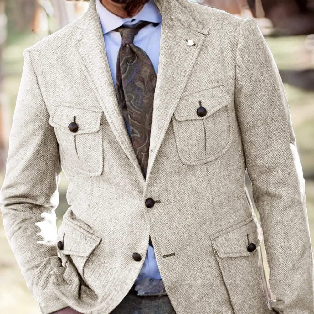 Men's Retro Herringbone Blazer Formal Wool Steampunk Jacket for Office Wear
