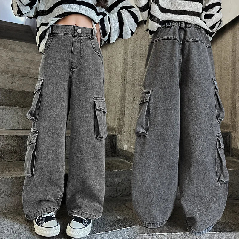 Multi-Pocket Denim Cargo Pants for Girls (6-14Y) – Spring Autumn Trousers