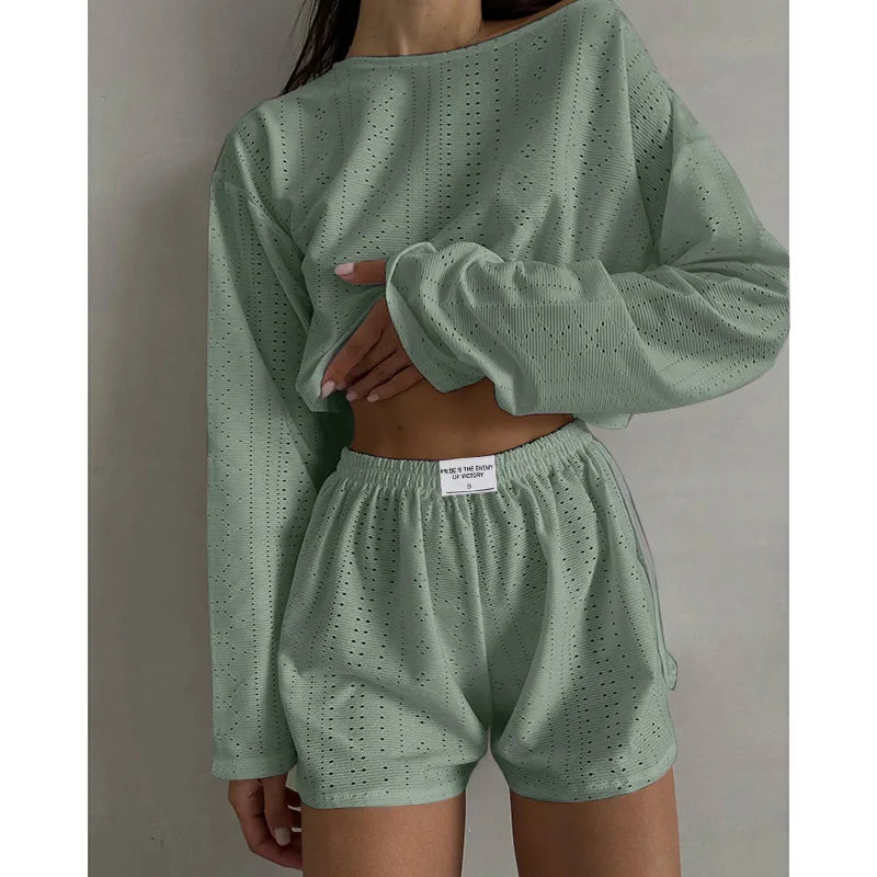 Women’s Spring Pajama Set – Long Sleeve Top & Shorts, Loose Round Neck Sleepwear