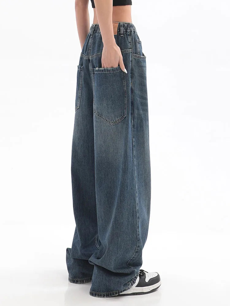 Women’s Vintage Baggy Jeans, Elastic Waist Wide Leg Denim Pants