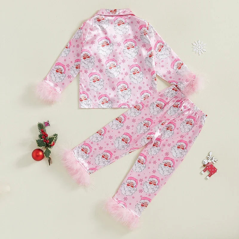 Kids Christmas Pajama Set, Feather Trim Long Sleeve Shirt & Pants (1-9Y)