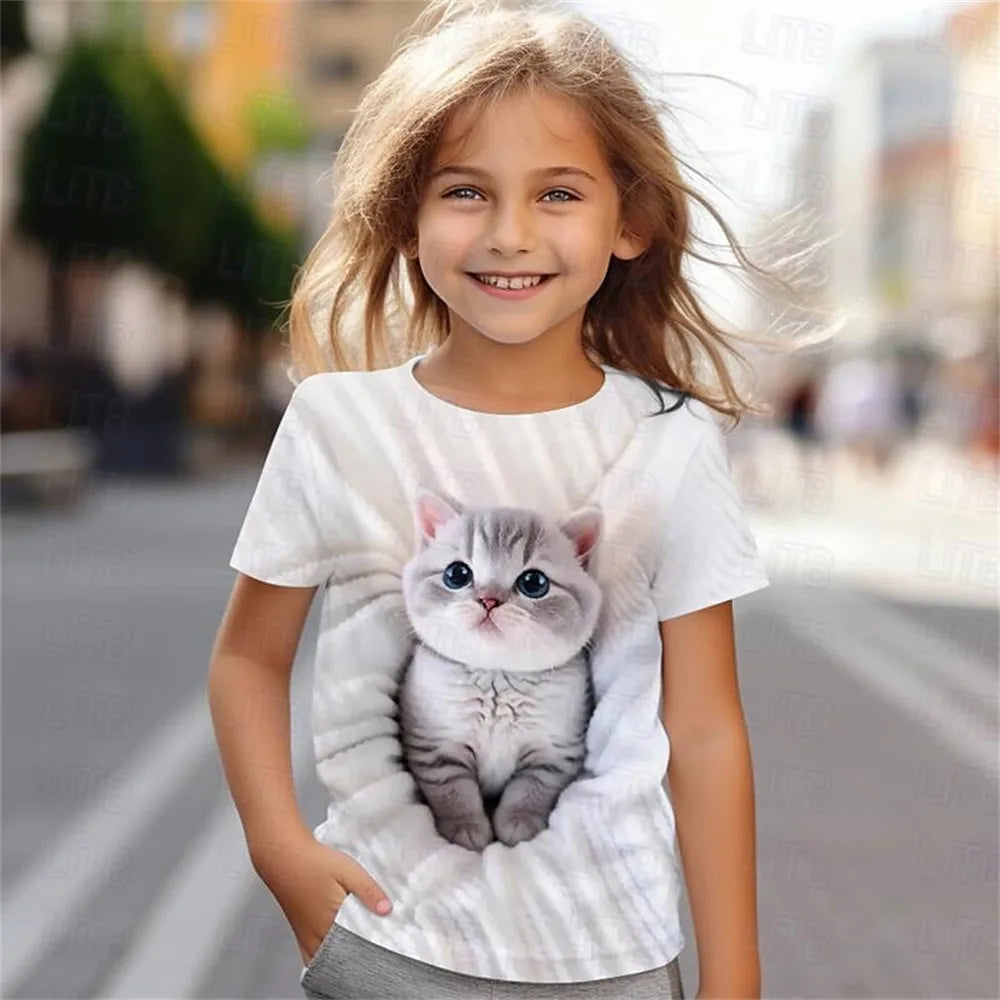 Girl's 3D Cat Print T-Shirt, Short Sleeve Summer Top, Casual Kids Clothing
