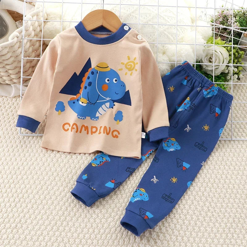 Kids Pajama Set, Cartoon Print Long Sleeve T-Shirt & Pants