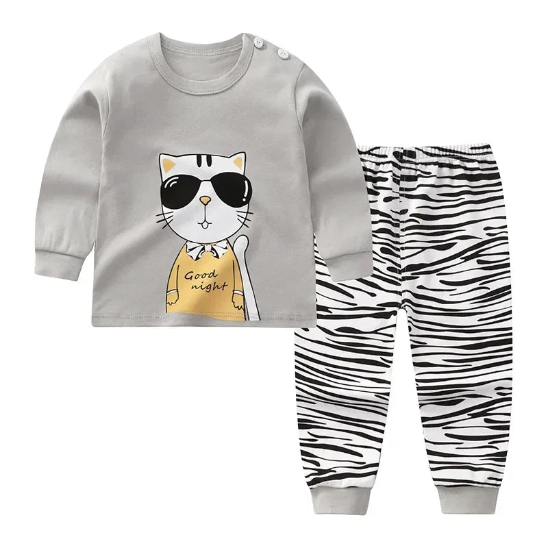 Kids Pajama Set, Cartoon Print Long Sleeve T-Shirt & Pants