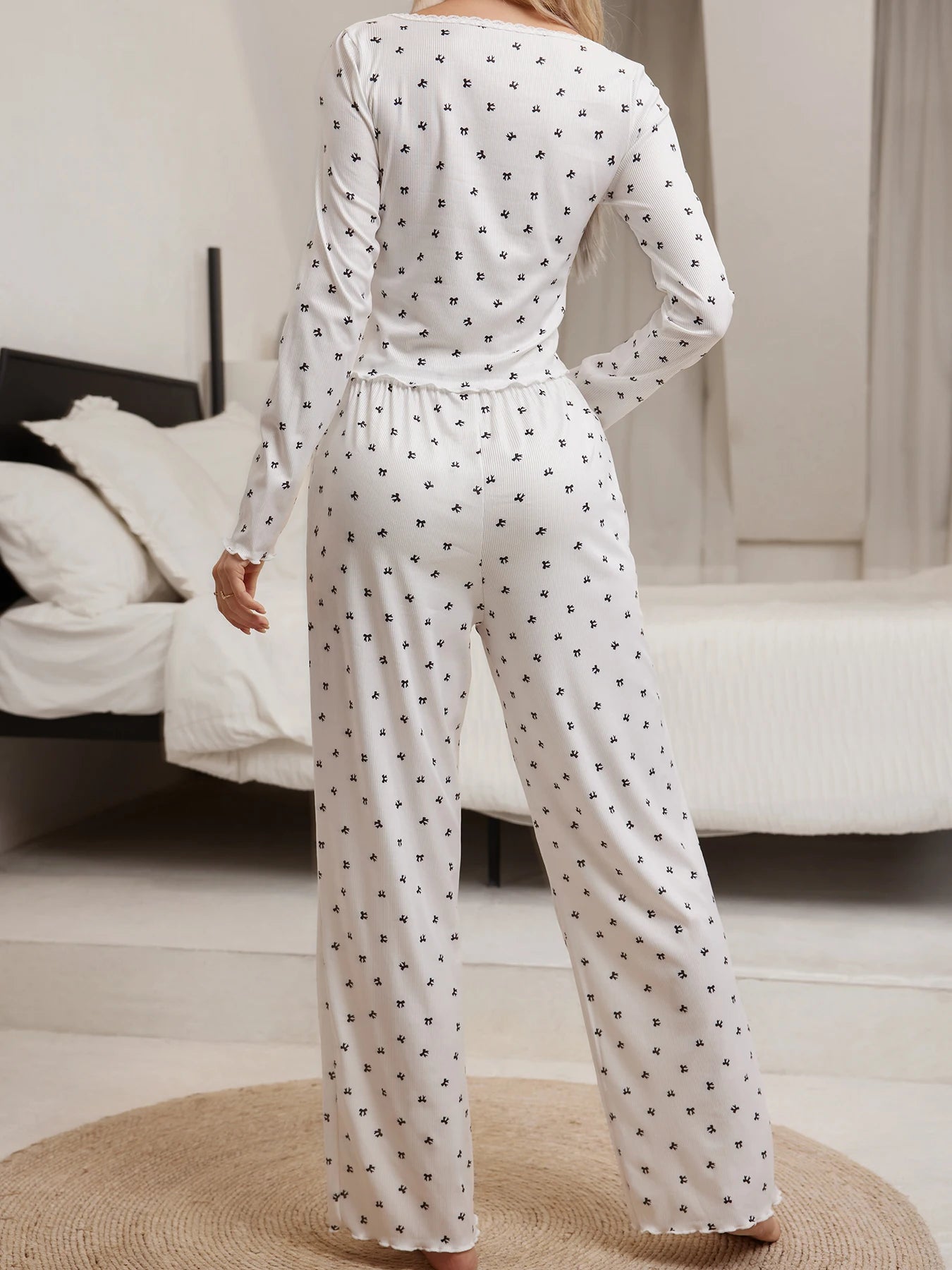 Bowknot Print Sleepwear Suit, Lettuce Trim Top & Long Pant, Autumn Pajamas Set