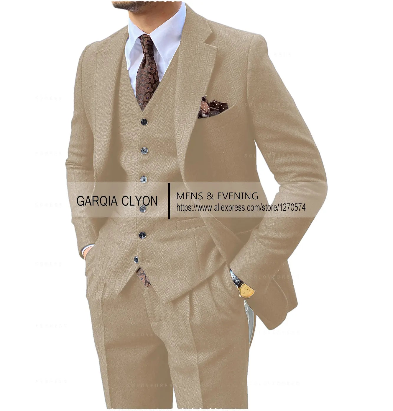3-Piece Men's Tweed Suit | Slim Fit Herringbone Blazer, Vest & Pants Set