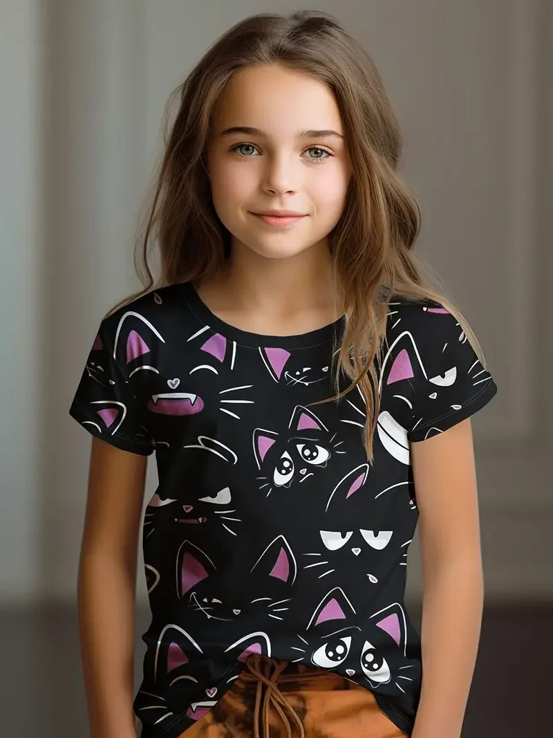 Kids T-Shirt, Cartoon Cat Kawaii Short Sleeve Top, Girls Summer Clothes