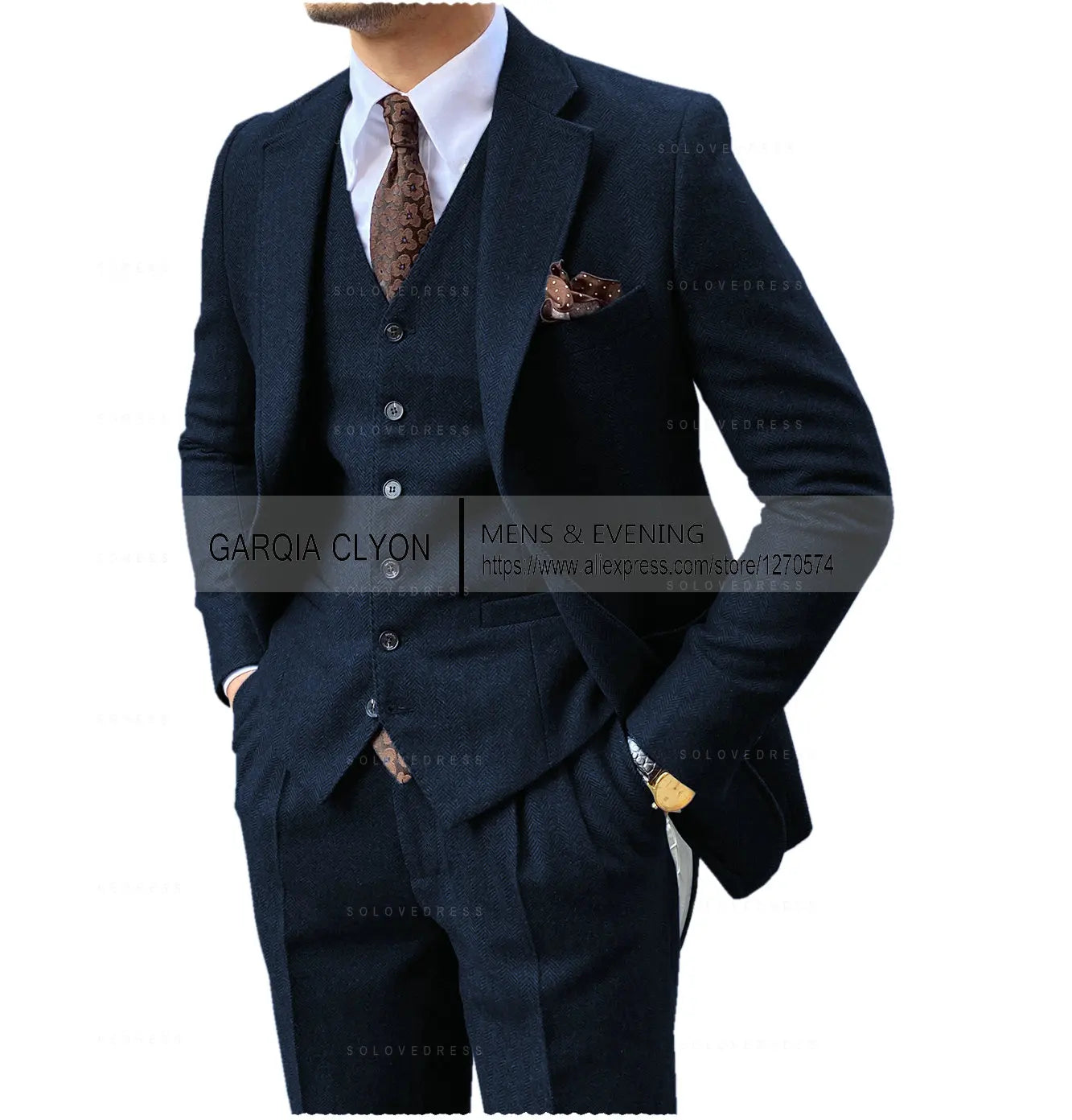 3-Piece Men's Tweed Suit | Slim Fit Herringbone Blazer, Vest & Pants Set