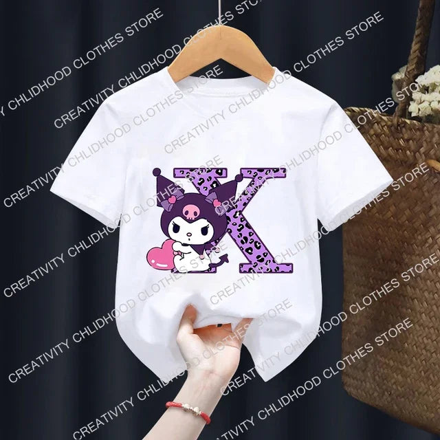 Children’s Cartoon T-Shirt, Letter A-D Anime Kawaii Top, Casual Short Sleeve