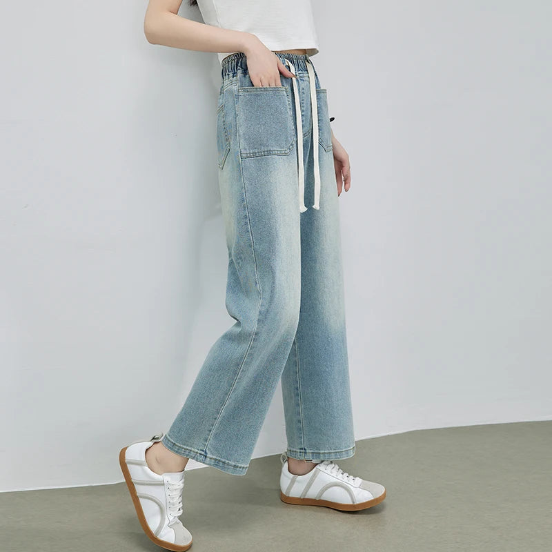 Summer Women’s High Elastic Waist Denim Jeans, Bleached Wide Leg, Streetwear Trousers