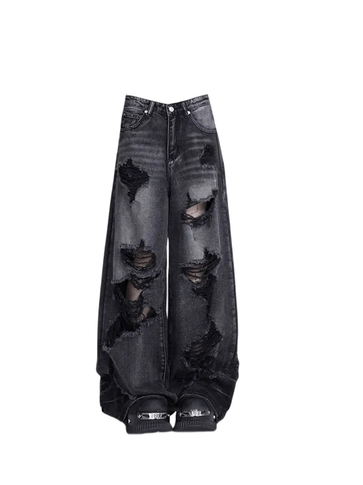 Women’s Black Ripped Goth Jeans, Vintage Baggy Denim, Y2K Harajuku Emo Style