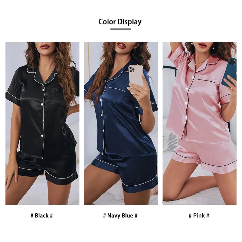 Women’s Silk Satin Pajama Set – Button-Down Top & Shorts Sleepwear