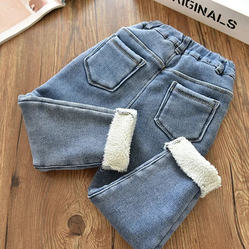 2-13 Years Kids Winter Velvet Denim Jeans, Slim Fleece Pants for Girls