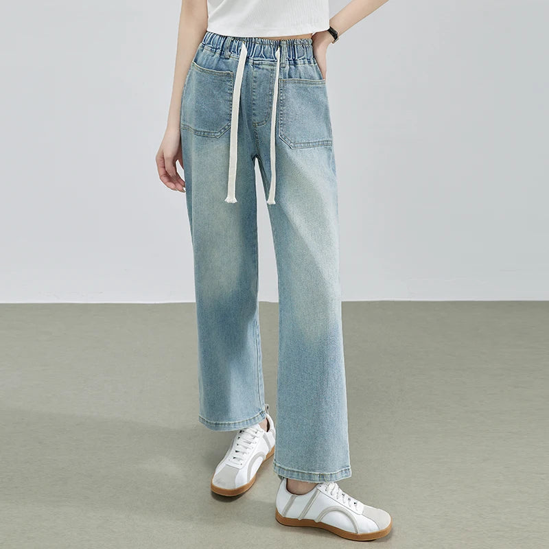 Summer Women’s High Elastic Waist Denim Jeans, Bleached Wide Leg, Streetwear Trousers
