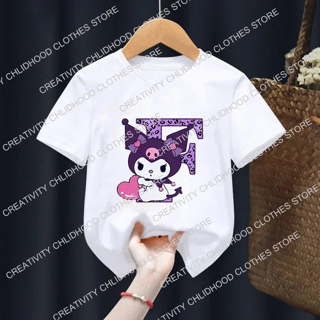 Children’s Cartoon T-Shirt, Letter A-D Anime Kawaii Top, Casual Short Sleeve