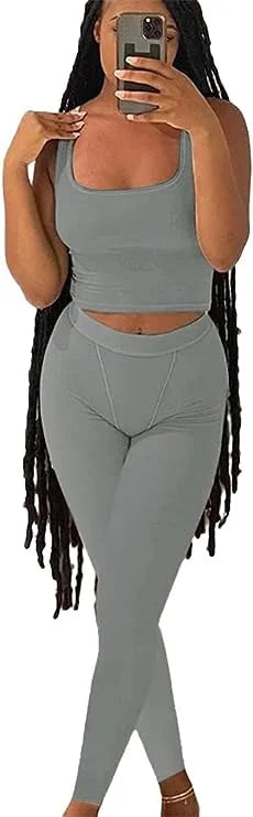 Women’s Casual Workout Set, Ribbed Crop Tank & High Waist Yoga Leggings