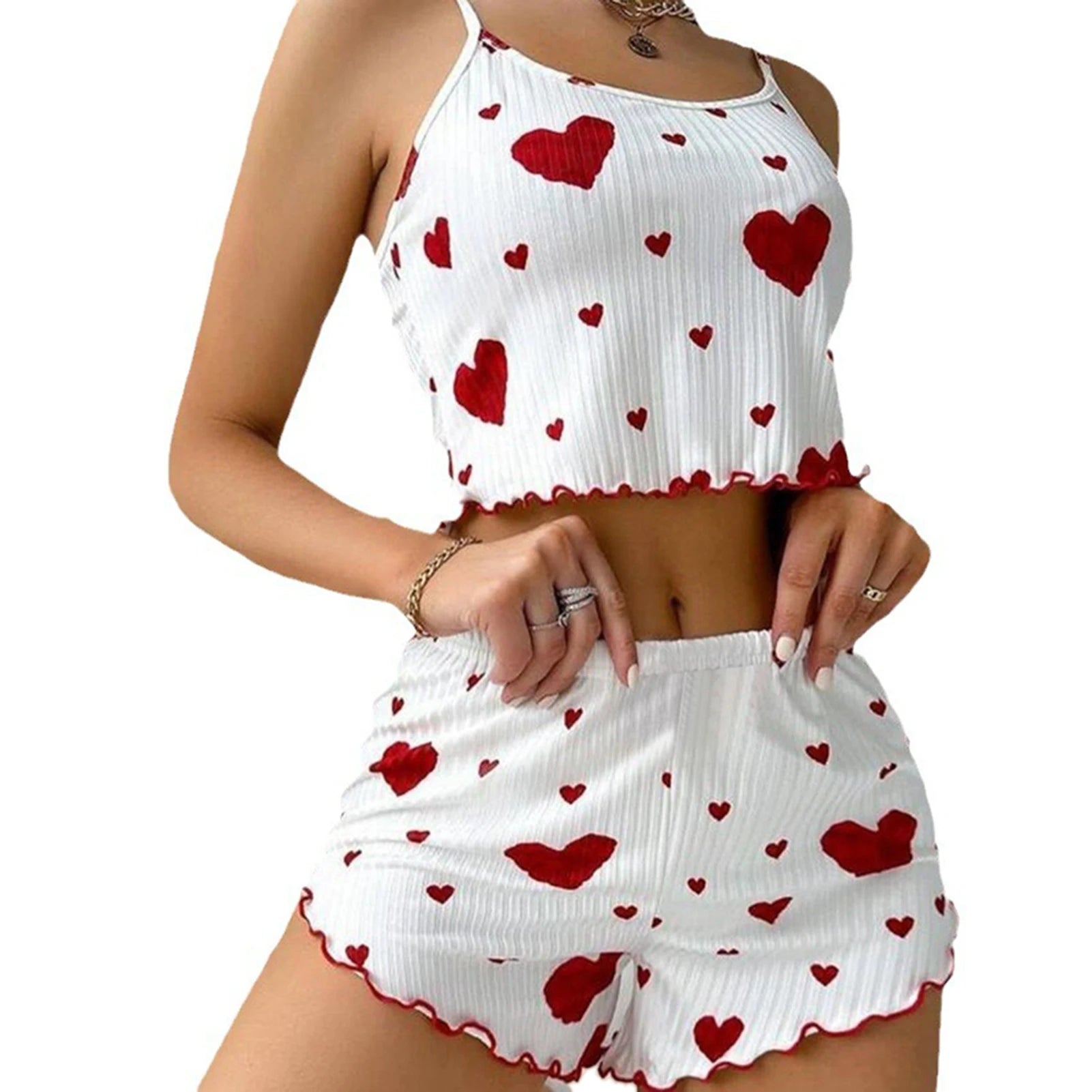 Women’s 2-Piece Pajama Set, Tank Top & Shorts, Soft Casual Sleepwear with Love Print