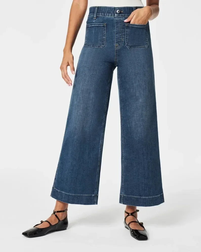 Tummy Control Cropped Wide-Leg Jeans, Flare Streetwear Jeans for Women