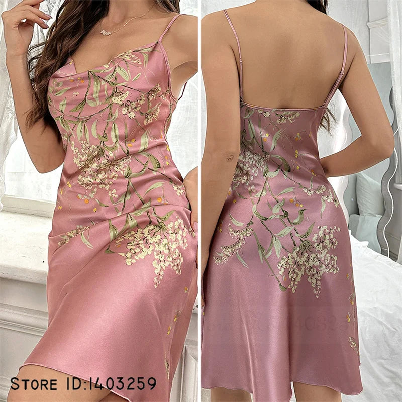 Cherry Print 2PCS Robe Set, Suspender Nightgown & Kimono Bathrobe, Satin Sleepwear