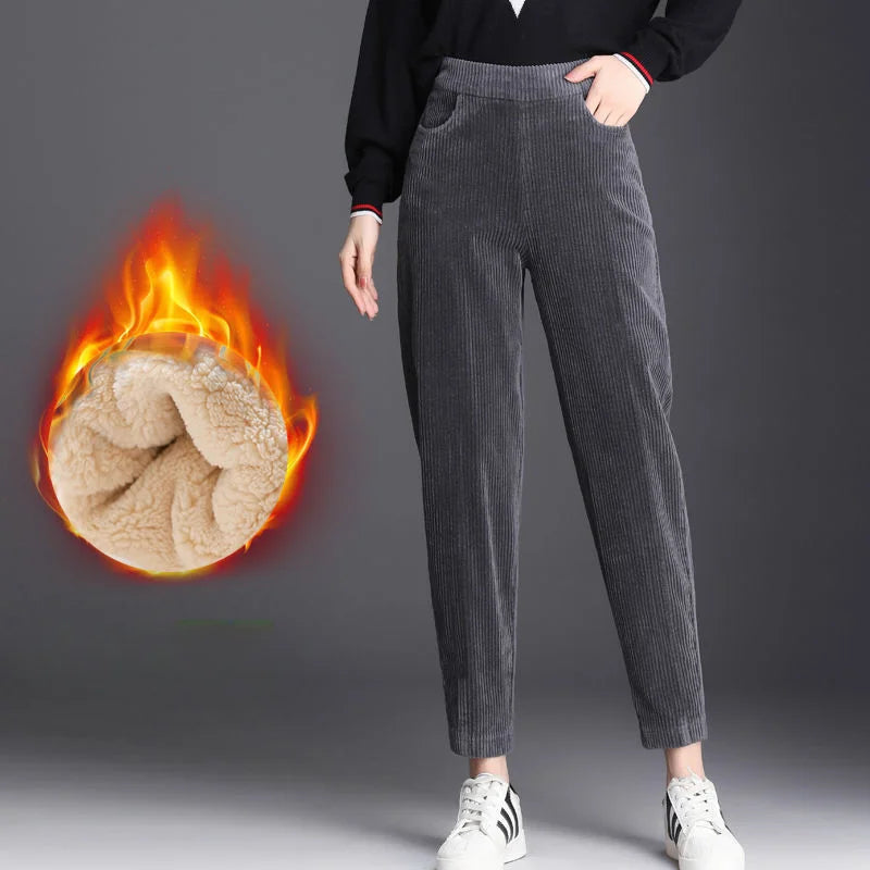 Women’s Corduroy Warm Pants, High Waist Plush Harem Trousers
