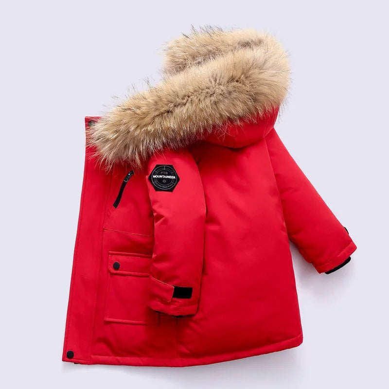 Boys Cotton Down Coats, Winter Hooded Jackets, Large Fur Collar, Casual Parkas