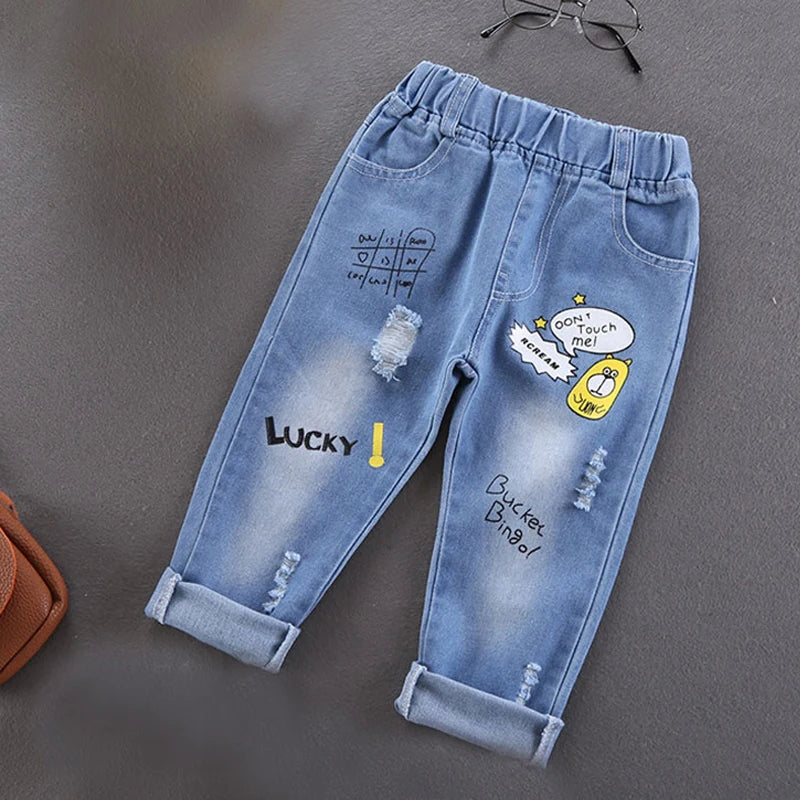 Spring Autumn Kids Boys Stretch Denim Jeans, Cotton Splice Ripped Pants