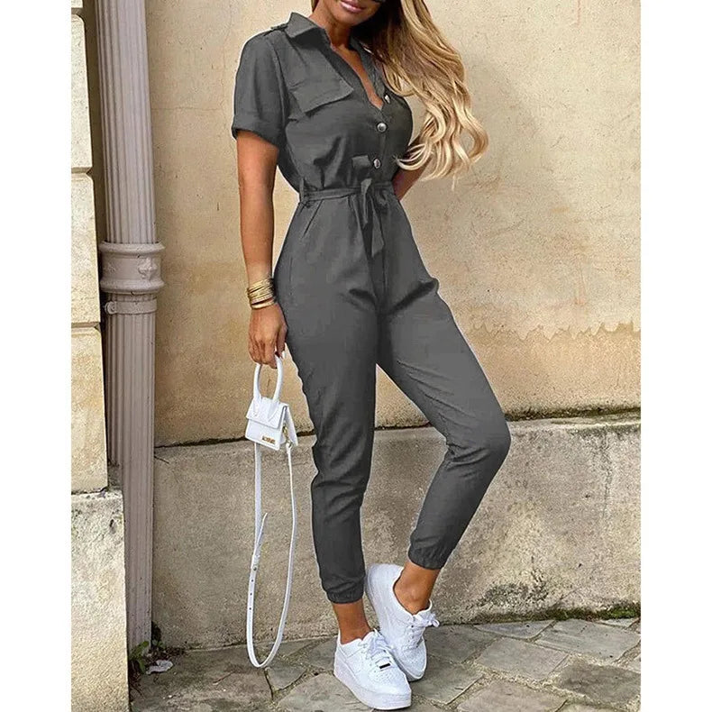 Women’s Monochromatic Belt Jumpsuit, Casual Pants, Flip Collar, Buckle, Summer