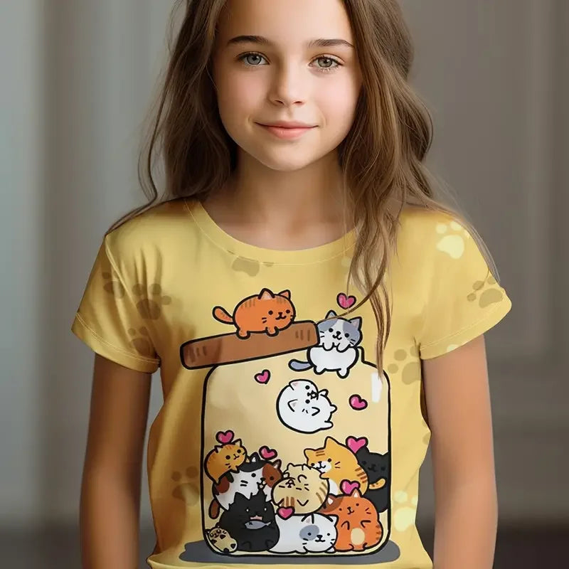 Kids T-Shirt, Cartoon Cat Kawaii Short Sleeve Top, Girls Summer Clothes